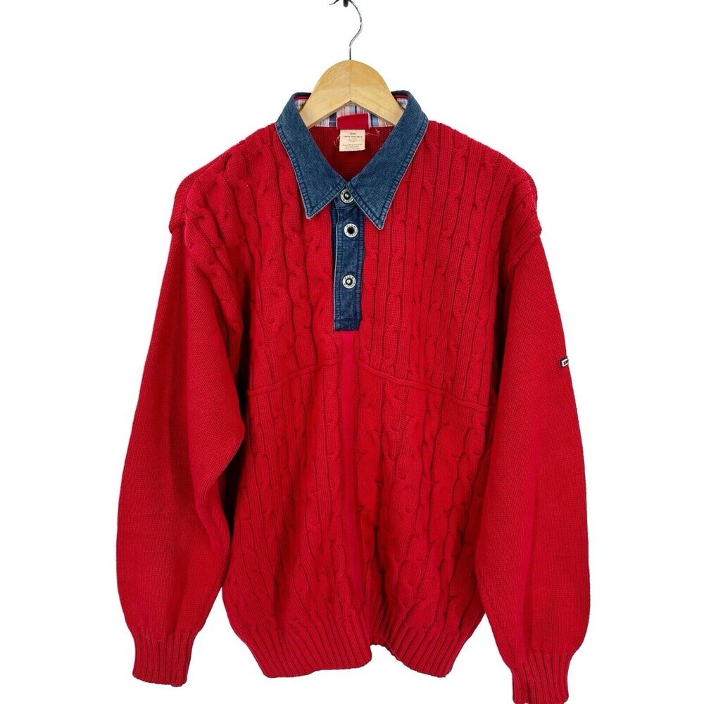 Blue Willis VTG Men’s Red Cableknit Sweater Denim Collar 10% Cotton L